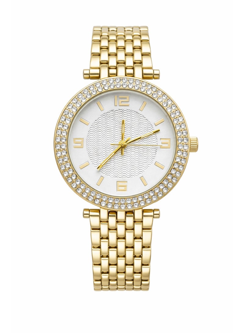 Women’s Analog Watch – Gold Stainless Steel Bracelet, Crystal Bezel, Silver Textured Dial